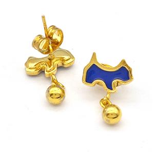 Stainless Steel Dog Stud Earring Blue Enamel Gold Plated, approx 4mm, 7-10mm [SSB5651]