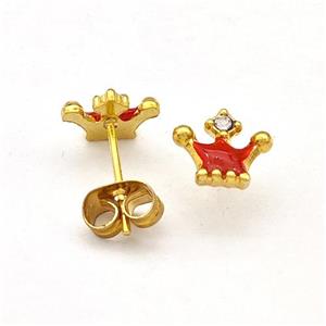 Stainless Steel Crown Stud Earring Red Enamel Gold Plated, approx 7-8mm [SSB5655]