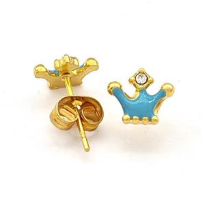 Stainless Steel Crown Stud Earring Teal Enamel Gold Plated, approx 7-8mm [SSB5656]