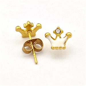 Stainless Steel Crown Stud Earring White Enamel Gold Plated, approx 7-8mm [SSB5657]