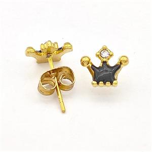 Stainless Steel Crown Stud Earring Black Enamel Gold Plated, approx 7-8mm [SSB5658]