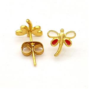 Stainless Steel Dragonfly Stud Earring Enamel Gold Plated, approx 8mm [SSB5660]