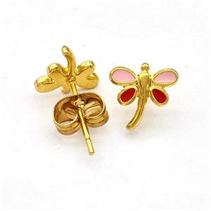 Stainless Steel Dragonfly Stud Earring Enamel Gold Plated, approx 8mm [SSB5661]