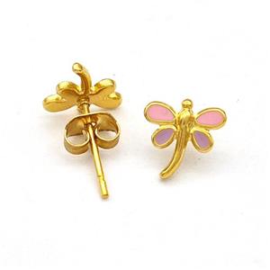 Stainless Steel Dragonfly Stud Earring Enamel Gold Plated, approx 8mm [SSB5662]