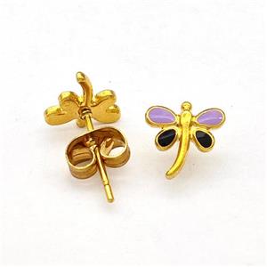 Stainless Steel Dragonfly Stud Earring Enamel Gold Plated, approx 8mm [SSB5663]