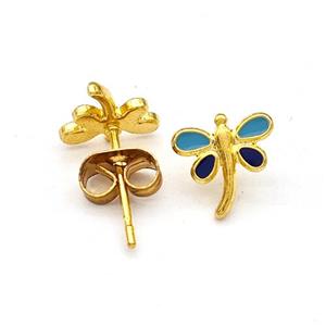 Stainless Steel Dragonfly Stud Earring Enamel Gold Plated, approx 8mm [SSB5664]
