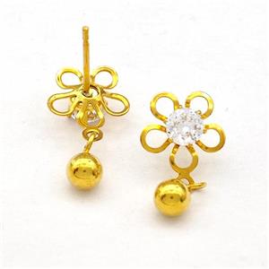 Stainless Steel Flower Stud Earring Rhinestone Gold Plated, approx 4mm, 9mm [SSB5666]