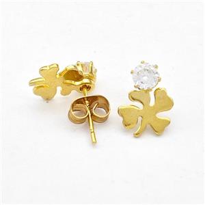 Stainless Steel Clover Stud Earring Pave Rhinestone Gold Plated, approx 8.5-12mm [SSB5671]