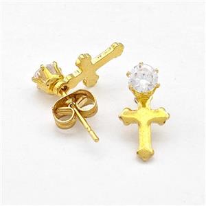 Stainless Steel Cross Stud Earring Pave Rhinestone Gold Plated, approx 7-13mm [SSB5672]