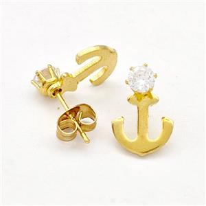 Stainless Steel Anchor Stud Earring Pave Rhinestone Gold Plated, approx 9-13mm [SSB5674]