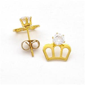 Stainless Steel Crown Stud Earring Pave Rhinestone Gold Plated, approx 9-10mm [SSB5678]
