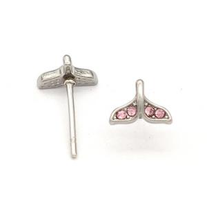 Raw Stainless Steel Stud Earring Pave Pink Rhinestone Shark-tail, approx 5.5-7.5mm [SSB5681]