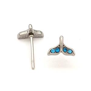 Raw Stainless Steel Stud Earring Pave Blue Rhinestone Shark-tail, approx 5.5-7.5mm [SSB5682]