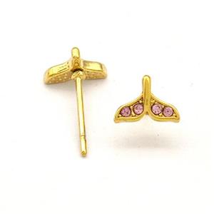 Stainless Steel Stud Earring Pave Pink Rhinestone Shark-tail Gold Plated, approx 5.5-7.5mm [SSB5685]