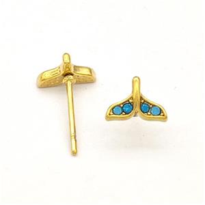 Stainless Steel Stud Earring Pave Blue Rhinestone Shark-tail Gold Plated, approx 5.5-7.5mm [SSB5686]