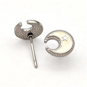 Raw Stainless Steel Moon Star Stud Earring White Enamel, approx 8.5mm [SSB5688]