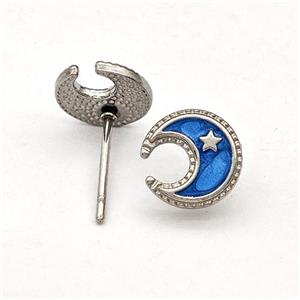 Raw Stainless Steel Moon Star Stud Earring Blue Enamel, approx 8.5mm [SSB5689]