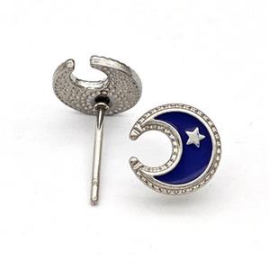 Raw Stainless Steel Moon Star Stud Earring Darkblue Enamel, approx 8.5mm [SSB5690]
