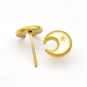 Stainless Steel Moon Star Stud Earring White Enamel Gold Plated, approx 8.5mm [SSB5691]