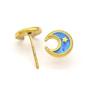 Stainless Steel Moon Star Stud Earring Blue Enamel Gold Plated, approx 8.5mm [SSB5692]