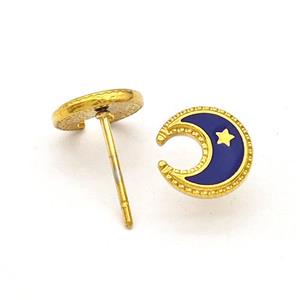 Stainless Steel Moon Star Stud Earring Darkblue Enamel Gold Plated, approx 8.5mm [SSB5693]