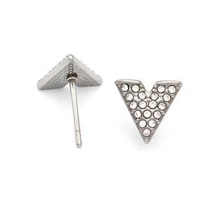 Raw Stainless Steel Stud Earring Pave Rhinestone V-Shape, approx 9mm [SSB5694]