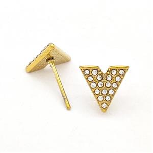 Stainless Steel Stud Earring Pave Rhinestone V-Shape Gold Plated, approx 9mm [SSB5695]