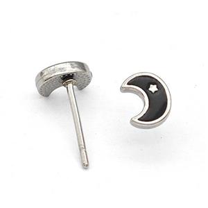 Raw Stainless Steel Moon Stud Earring Black Enamel, approx 5-6.5mm [SSB5702]