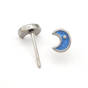 Raw Stainless Steel Moon Stud Earring Blue Enamel, approx 5-6.5mm [SSB5703]