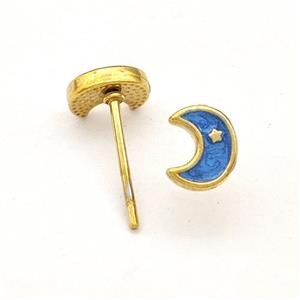 Stainless Steel Moon Stud Earring Blue Enamel Gold Plated, approx 5-6.5mm [SSB5706]
