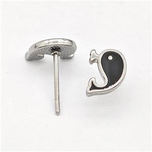 Raw Stainless Steel Dolphin Stud Earring Black Enamel, approx 6-8mm [SSB5708]