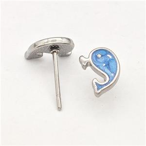 Raw Stainless Steel Dolphin Stud Earring Blue Enamel, approx 6-8mm [SSB5709]