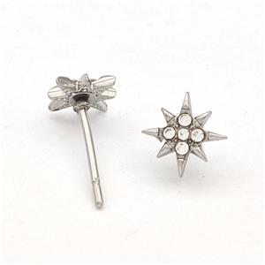 Raw Stainless Steel NorthStar Stud Earring Pave Rhinestone, approx 8mm [SSB5714]