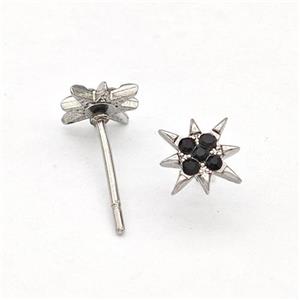 Raw Stainless Steel NorthStar Stud Earring Pave Black Rhinestone, approx 8mm [SSB5715]
