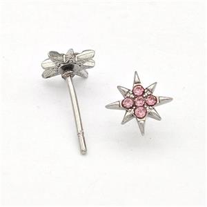 Raw Stainless Steel NorthStar Stud Earring Pave Pink Rhinestone, approx 8mm [SSB5716]