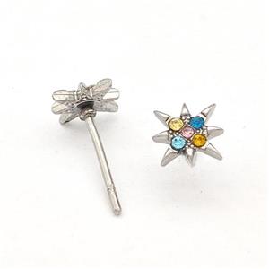Raw Stainless Steel NorthStar Stud Earring Pave Multicolor Rhinestone, approx 8mm [SSB5717]