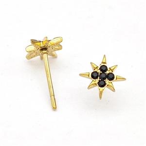 Stainless Steel NorthStar Stud Earring Pave Black Rhinestone Gold Plated, approx 8mm [SSB5719]