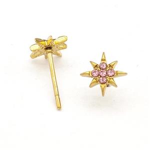 Stainless Steel NorthStar Stud Earring Pave Pink Rhinestone Gold Plated, approx 8mm [SSB5720]