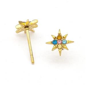Stainless Steel NorthStar Stud Earring Pave Multicolor Rhinestone Gold Plated, approx 8mm [SSB5721]