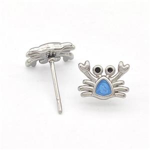Raw Stainless Steel Crab Stud Earring Blue Enamel, approx 7-9mm [SSB5723]