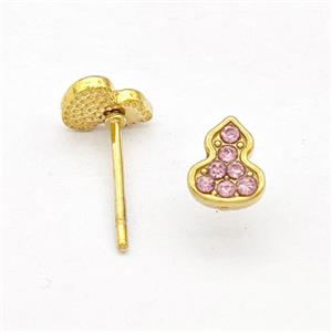 Stainless Steel Gourd Stud Earring Pave Pink Rhinestone Gold Plated, approx 5-6.5mm [SSB5731]