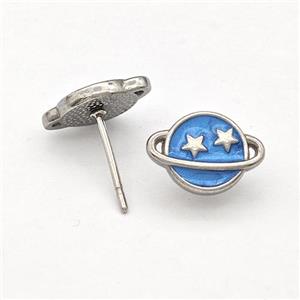 Raw Stainless Steel Planet Stud Earring Blue Enamel, approx 8-11.5mm [SSB5733]