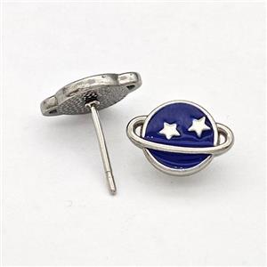 Raw Stainless Steel Planet Stud Earring DarkBlue Enamel, approx 8-11.5mm [SSB5734]