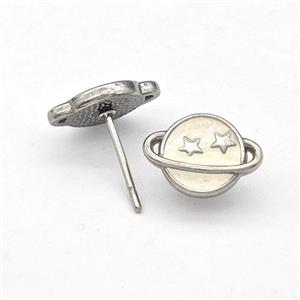 Raw Stainless Steel Planet Stud Earring White Enamel, approx 8-11.5mm [SSB5735]