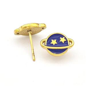 Stainless Steel Planet Stud Earring Darkblue Enamel Gold Plated, approx 8-11.5mm [SSB5737]