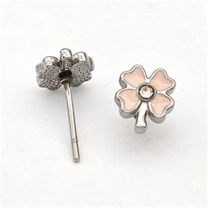 Raw Stainless Steel Clover Stud Earring Pink Enamel, approx 7-8mm [SSB5739]