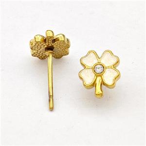 Stainless Steel Clover Stud Earring White Enamel Gold Plated, approx 7-8mm [SSB5741]