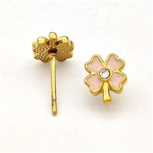 Stainless Steel Clover Stud Earring Pink Enamel Gold Plated, approx 7-8mm [SSB5742]