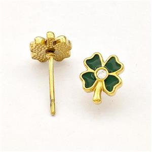 Stainless Steel Clover Stud Earring Green Enamel Gold Plated, approx 7-8mm [SSB5743]