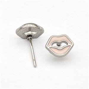 Raw Stainless Steel Lip Stud Earring Pink Enamel, approx 7-8mm [SSB5744]
